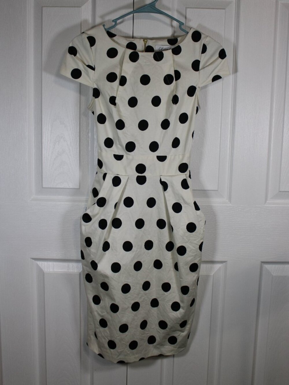 Closet London White and Black Polka-Dot Cap Sleeve Sheath Dress with Pockets